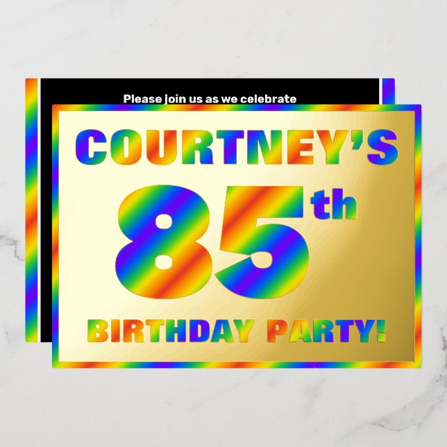 85th Birthday Party — Fun, Rainbow Spectrum “85” Foil Invitation (Front/Back)