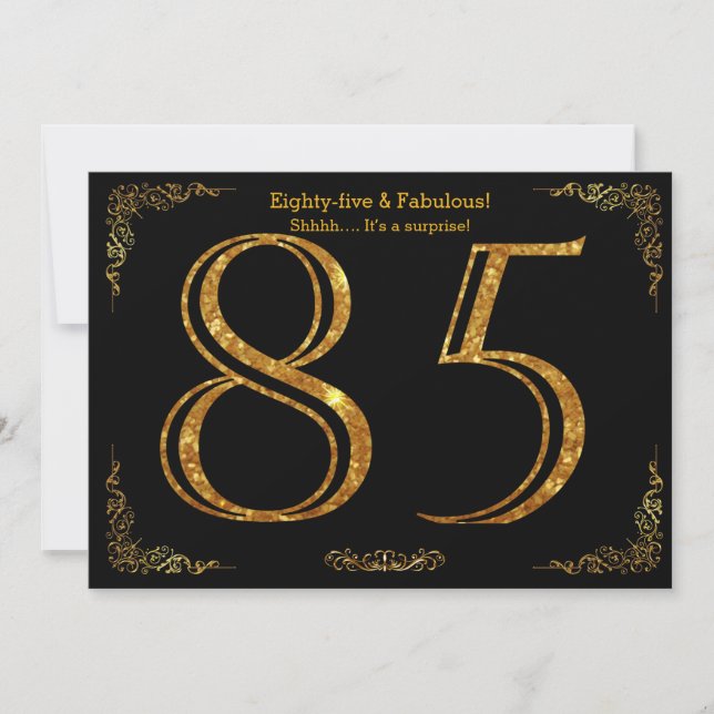 85th Birthday party,Gatsby styl,black gold glitter Invitation (Front)