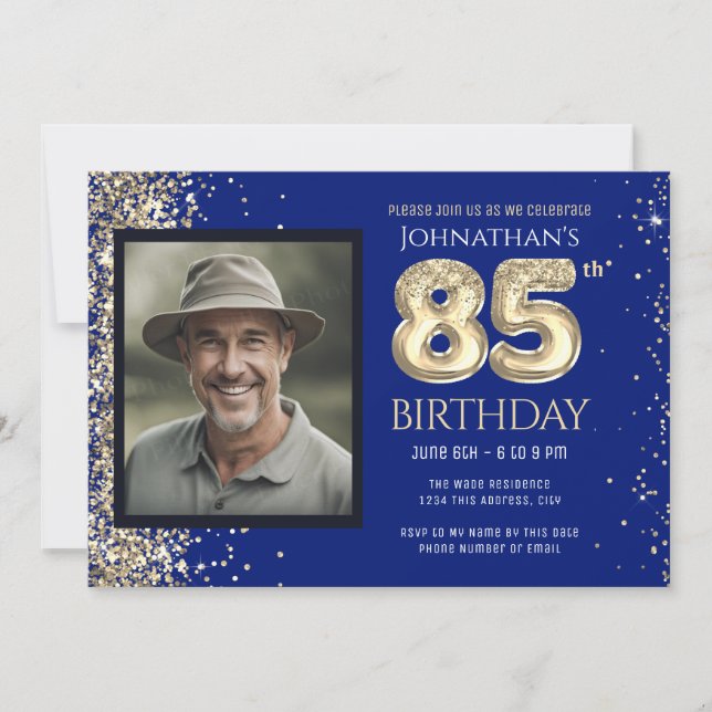 85th Birthday Party Gold Glitter Blue Photo Invita Invitation (Front)