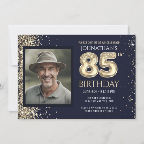 85th Birthday Party Gold Glitter Blue Photo Invitation