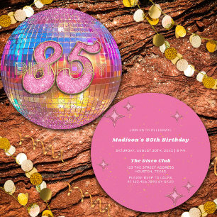 85th Birthday Party Gold Pink Glitter Disco Ball Invitation