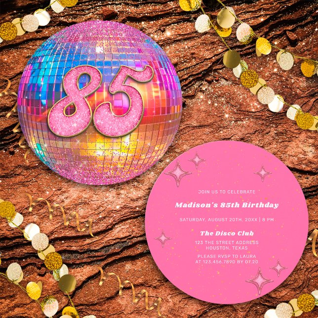 85th Birthday Party Gold Pink Glitter Disco Ball Invitation (Front/Back)