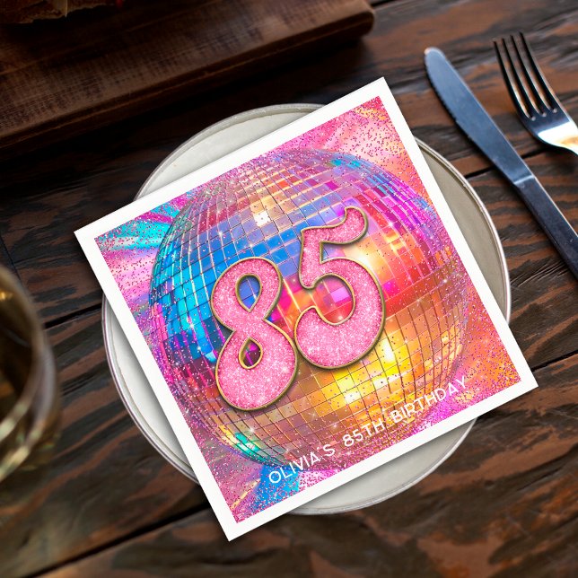 85th Birthday Party Gold Pink Glitter Disco Ball Napkins (Creator Uploaded)