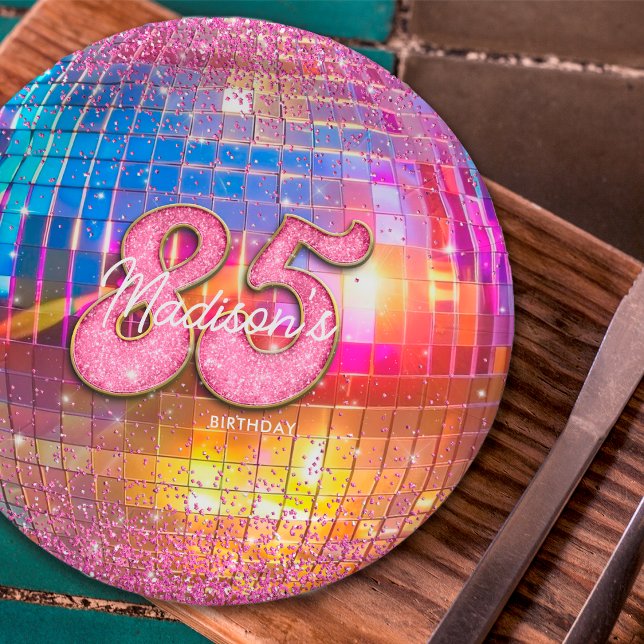 85th Birthday Party Gold Pink Glitter Disco Ball Paper Plates (Creator Uploaded)
