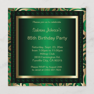 85th Birthday Party Green Metallic & Gold Invitation