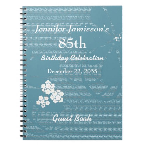 85th Birthday Party Guest Book Blue Floral Spiral