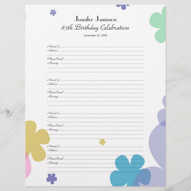 85th Birthday Party Guest Book Sign-In Page (Front)