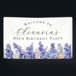 85th Birthday Party July Birth Flower Welcome Banner<br><div class="desc">Elegant summer watercolor blue larkspur flowers create a beautiful floral border at the bottom of this birthday party welcome banner,  larkspur or delphinium flowers are the July birth flower. A trendy font combination gives it a modern aesthetic. All of the text is editable.</div>