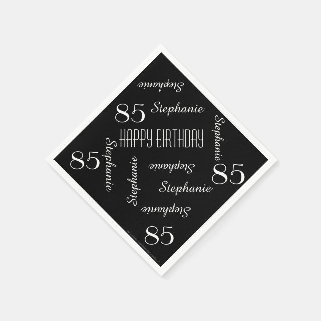 85th Birthday Party Name Black and White Paper Napkins (Corner)