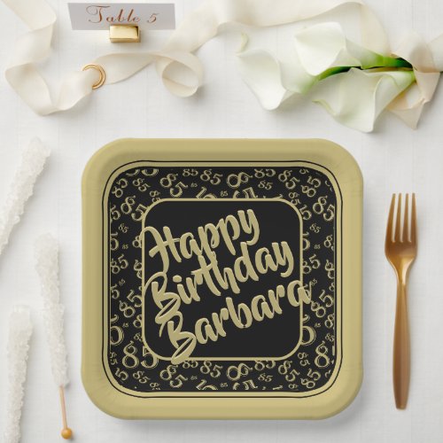 85th Birthday Party Number Pattern Black Gold Paper Plates