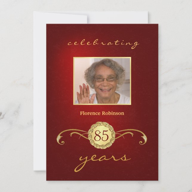 85th Birthday Party Photo Invitations - Red (Front)