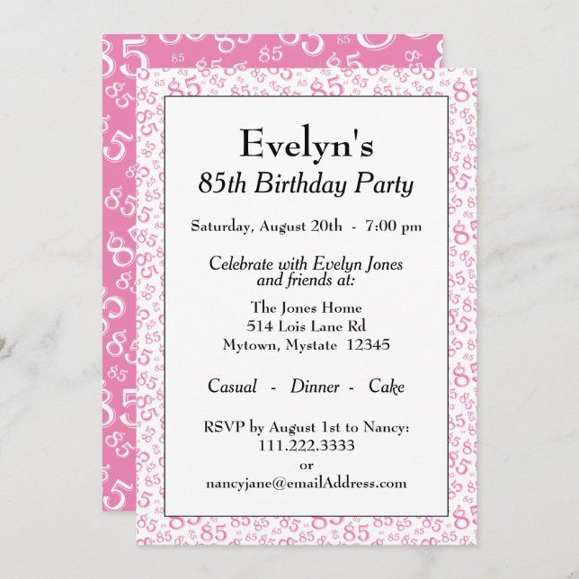 85th Birthday Party Pink and White Number Pattern Invitation (Front/Back)