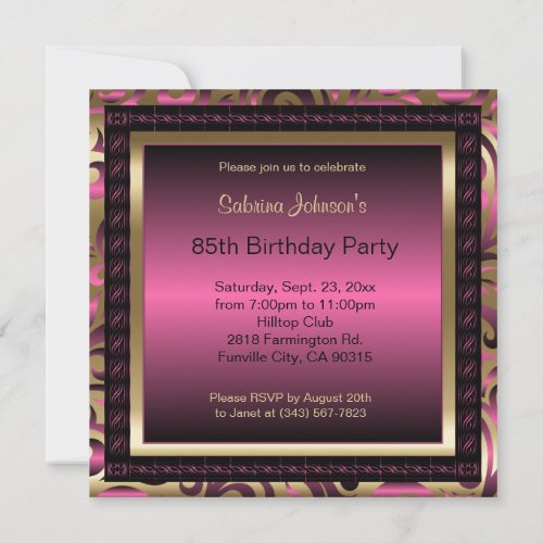 85th Birthday Party  Pink Metallic  Gold Invitation