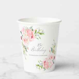 85th Birthday Party Pink Peony Floral Custom Paper Cups