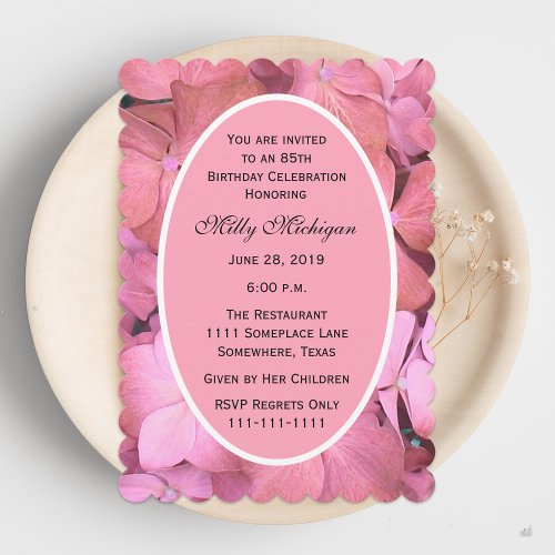 85th Birthday Party Pink Scalloped Hydrangeas Invitation
