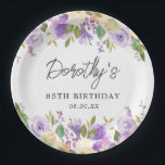 85th Birthday Party Purple Rose Floral Custom Paper Plates<br><div class="desc">Beautiful paper plate design for your 85th birthday party celebration. Purple and white roses create beautiful borders along the top and bottom. The birthday celebrant's name,  85th Birthday and date are placed in the center. All text is editable.</div>
