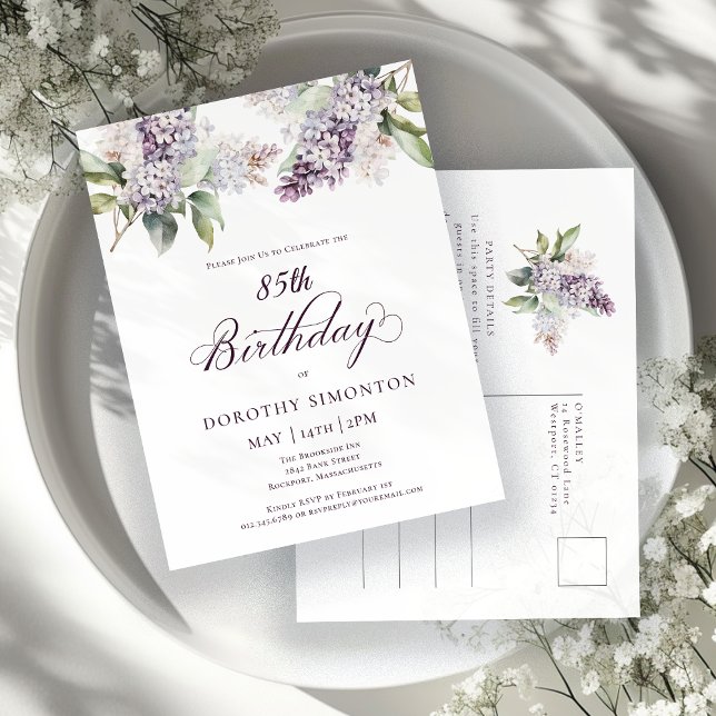 85th Birthday Party Purple Spring Lilac Flower Invitation Postcard (Creator Uploaded)
