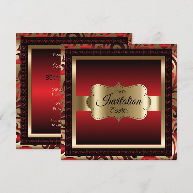 85th Birthday Party | Red Metallic & Gold Invitation (Front/Back)