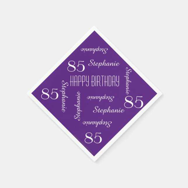 85th Birthday Party Repeating Name Purple Paper Napkins (Corner)