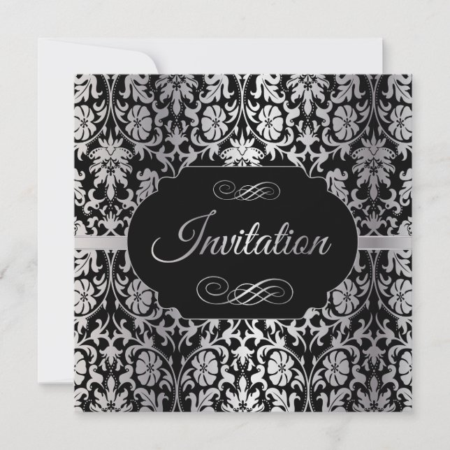 85th Birthday Party | Silver & Black Damask Invitation (Front)