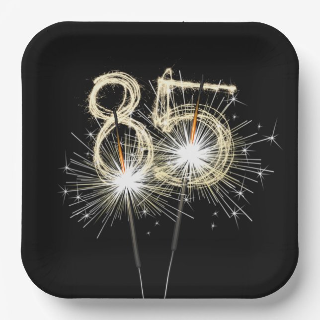 85th Birthday Party Sparklers on Black  Paper Plates (Front)