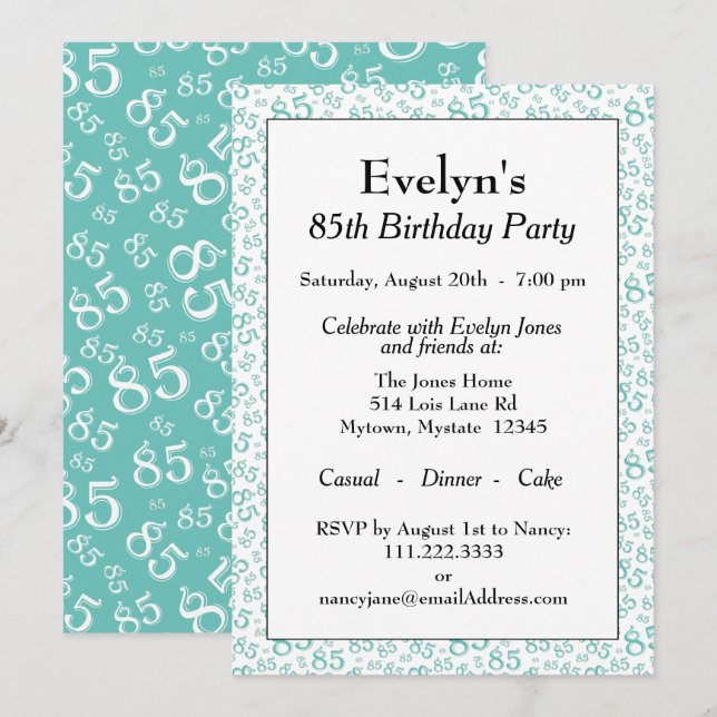 85th Birthday Party Teal and White Number Pattern Invitation (Front/Back)