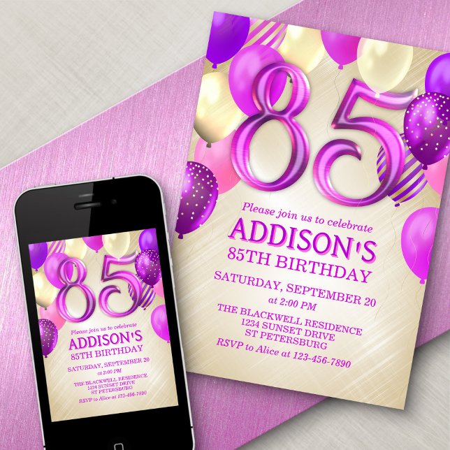 85th Birthday Pink Balloons Invitation (Creator Uploaded)
