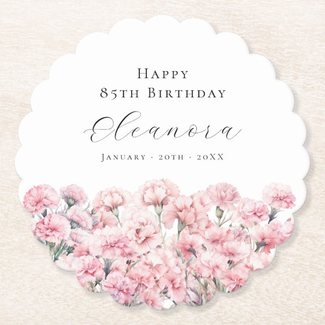 85th Birthday Pink Carnation January Birth Flower Paper Coaster (Front)