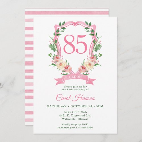 85th Birthday Pink Floral Crest Invitation