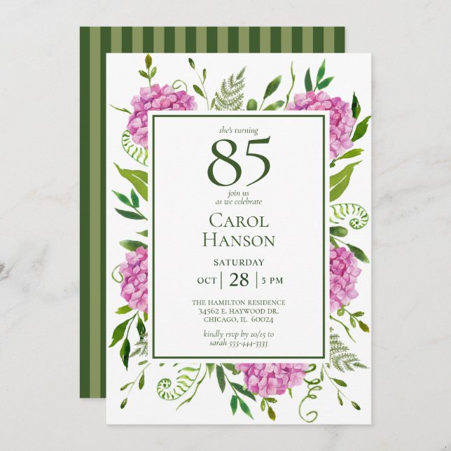85th Birthday Pink Hydrangeas Invitation (Front/Back)