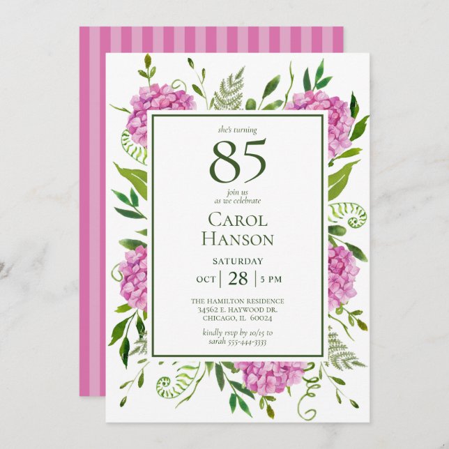 85th Birthday Pink Hydrangeas Invitation (Front/Back)