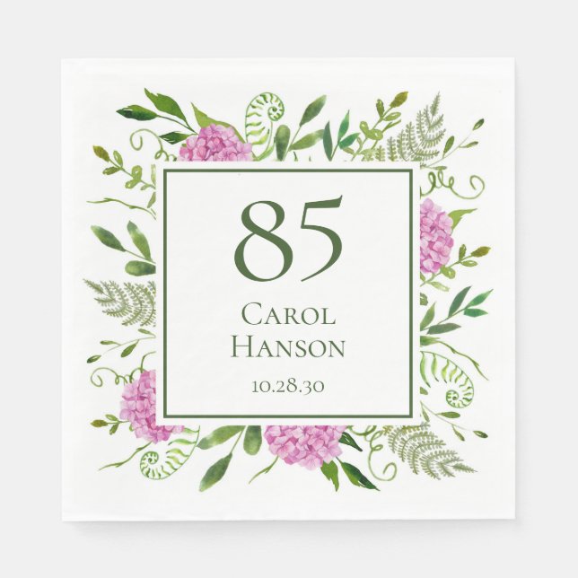 85th Birthday Pink Hydrangeas Napkins (Front)
