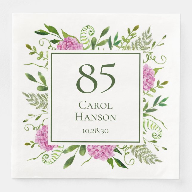 85th Birthday Pink Hydrangeas Paper Dinner Napkins (Front)