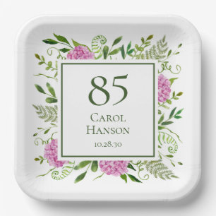 85th Birthday Pink Hydrangeas Paper Plates