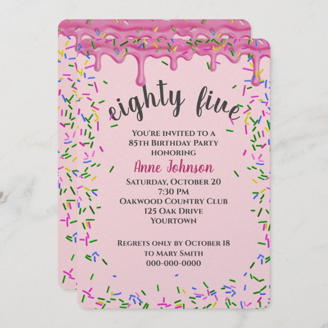 85th Birthday Pink Icing And Sprinkles Invitation (Front/Back)