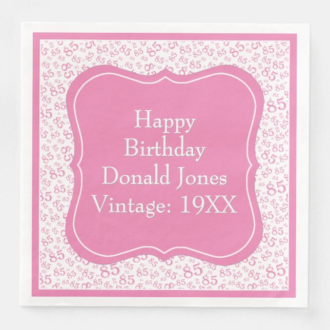 85th Birthday Pink/White Bracket Number Pattern Paper Dinner Napkins (Front)