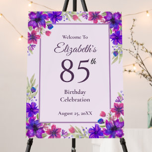 85th Birthday Purple Floral Welcome Sign