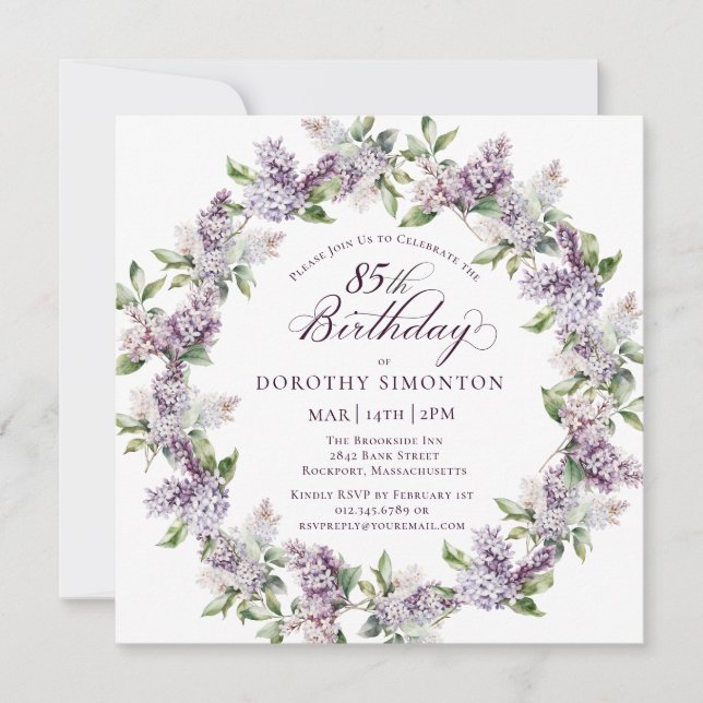 85th Birthday Purple Lilac Spring Flower Square Invitation (Front)