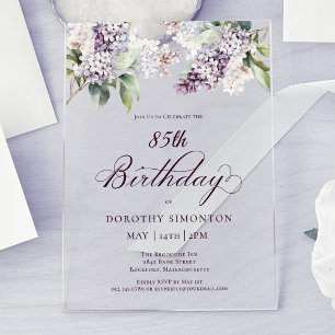 85th Birthday Purple Spring Lilac Flower Acrylic Invitations
