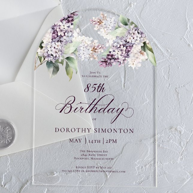 85th Birthday Purple Spring Lilac Flower Arch Acrylic Invitations (Creator Uploaded)