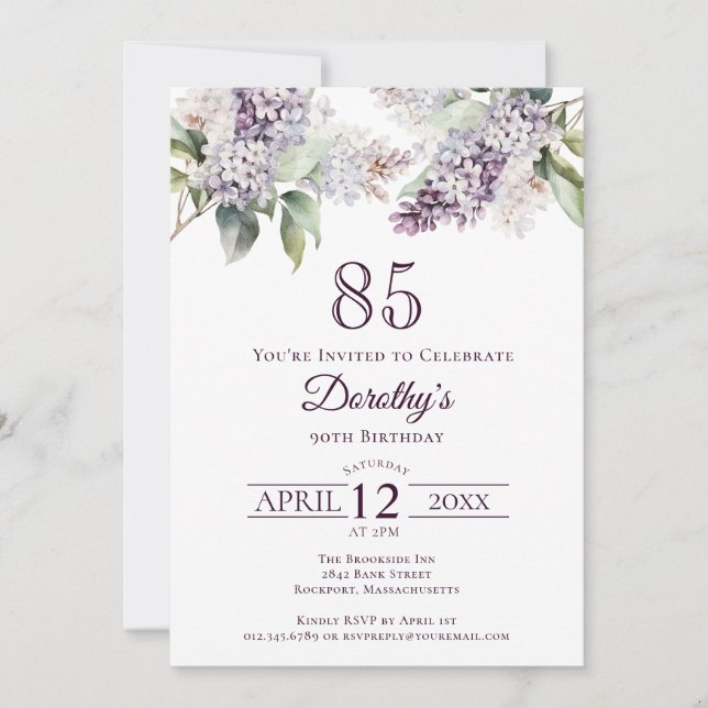85th Birthday Purple Spring Lilac Flower Invitation (Front)