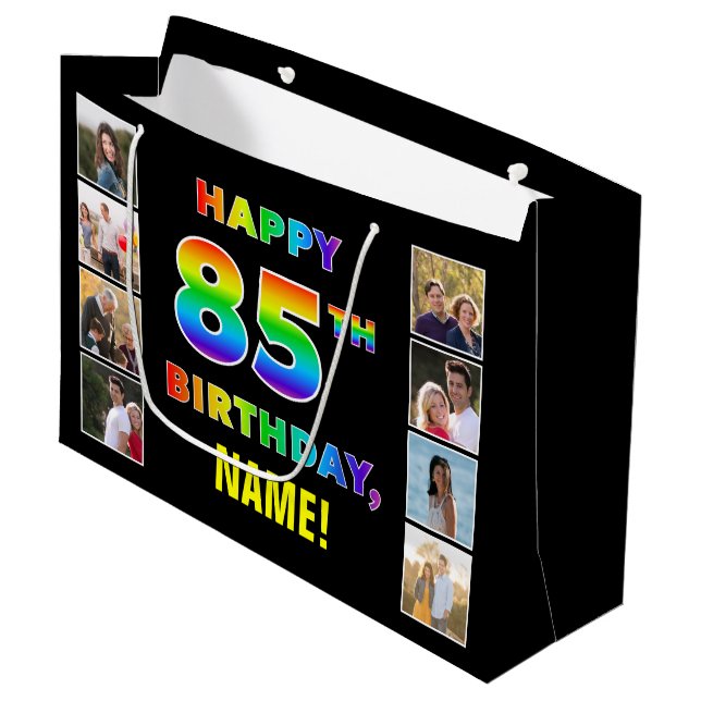 85th Birthday: Rainbow Text, Custom Photos & Name Large Gift Bag (Front Angled)