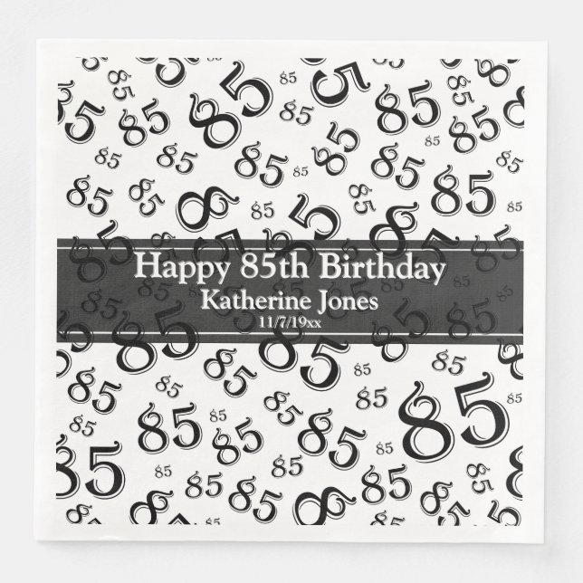 85th Birthday Random Number Pattern Black/White Paper Dinner Napkins (Front)