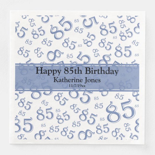 85th Birthday Random Number Pattern Blue/White Paper Dinner Napkins (Front)