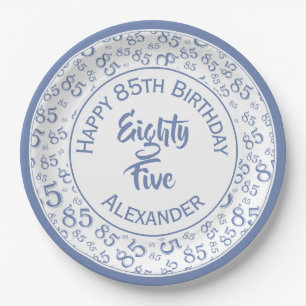 85th Birthday Random Number Pattern Blue/White Paper Plates