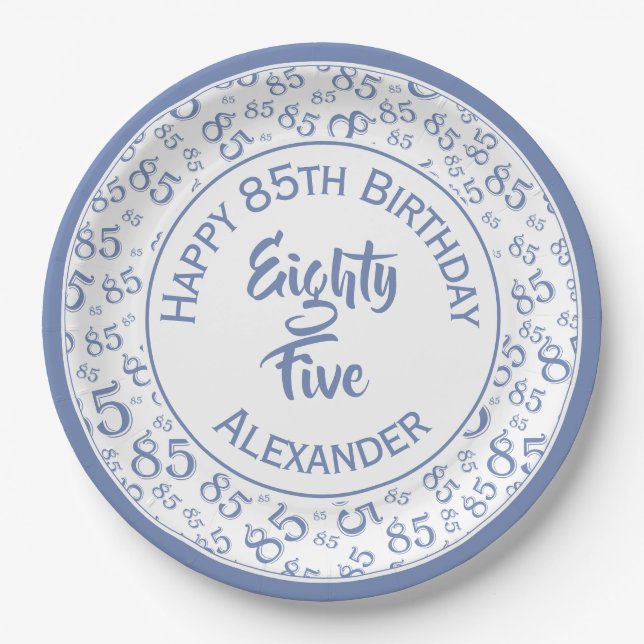 85th Birthday Random Number Pattern Blue/White Paper Plates (Front)
