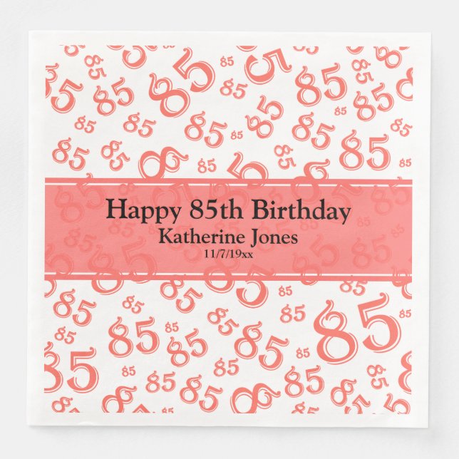 85th Birthday Random Number Pattern Coral/White Paper Dinner Napkins (Front)
