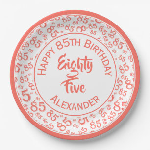 85th Birthday Random Number Pattern Coral/White Paper Plates