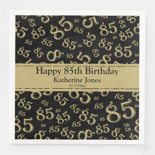 85th Birthday Random Number Pattern Gold/Black Paper Dinner Napkins (Front)
