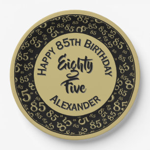 85th Birthday Random Number Pattern Gold/Black Paper Plates